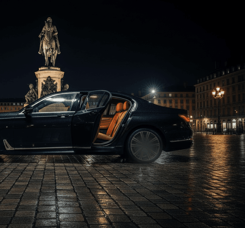 Berline noire aux portières ouvertes, de nuit, sur une place de Lyon éclairée.